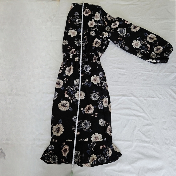 Aqua Curve Dress 2X Floral Smoked Waist LS Midi Ruffle Hem Lined V Neck USA Made - Picture 11 of 16